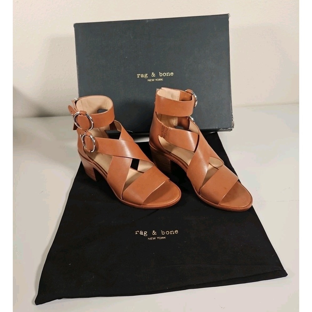 Rag & Bone Mari Tan Size 6 US Leather Back Zip Block Heel Side Rings Open Toe